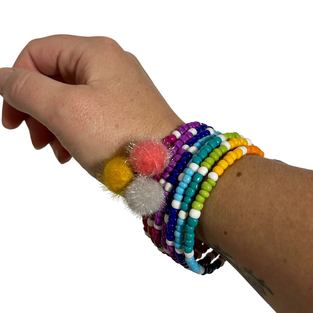 Handmade Boho Rainbow Beaded Coil Bracelet Set Pom Pom Charms‎ - Picture 2 of 4